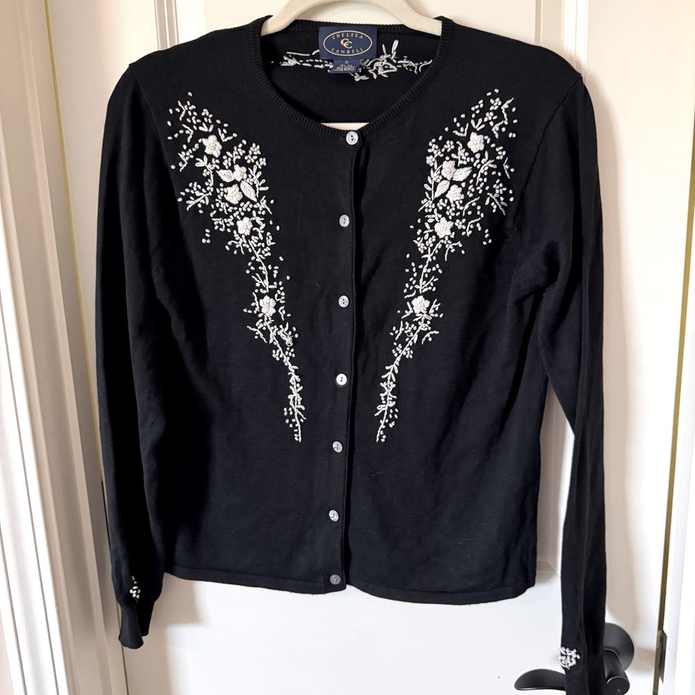 Vintage Silk Floral embroidered small button thin cardigan sweater